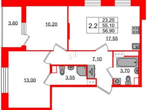 Квартира в ЖК Бионика Заповедная, 2 комнатная, 55.1 м², 12 этаж
