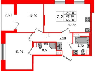 Квартира в ЖК Бионика Заповедная, 2 комнатная, 55.1 м², 3 этаж