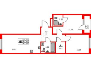 Квартира в ЖК GloraX Новоселье, 2 комнатная, 63.23 м², 1 этаж
