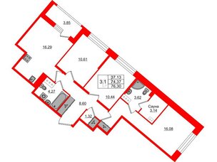 Квартира в ЖК 'Pulse Premier', 3 комнатная, 74.37 м², 3 этаж