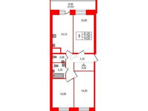Квартира в ЖК «Живи в Рыбацком», 3 комнатная, 71.58 м², 19 этаж