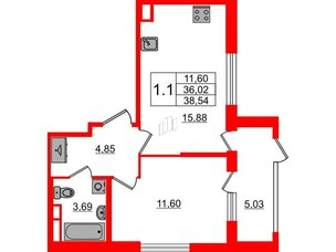 Квартира в ЖК «Дворцовый фасад», 1 комнатная, 36.02 м², 1 этаж