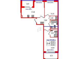 Квартира в ЖК 'Дворцовый фасад', 2 комнатная, 59.74 м², 4 этаж