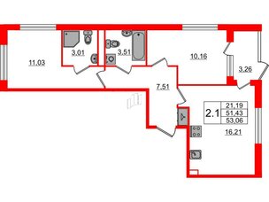 Квартира в ЖК 'Дворцовый фасад', 2 комнатная, 51.43 м², 1 этаж