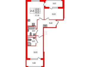 Квартира в ЖК 'Дворцовый фасад', 2 комнатная, 55.55 м², 3 этаж