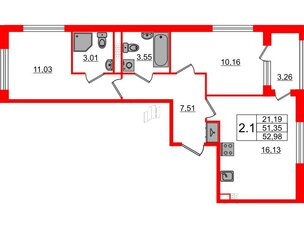 Квартира в ЖК 'Дворцовый фасад', 2 комнатная, 51.35 м², 3 этаж