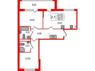 Квартира в ЖК 'Дворцовый фасад', 2 комнатная, 55.09 м², 3 этаж