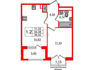 Квартира в ЖК 'Дворцовый фасад', 1 комнатная, 34.38 м², 2 этаж