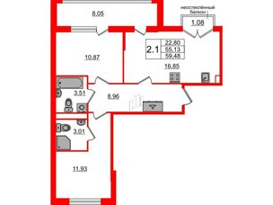 Квартира в ЖК 'Дворцовый фасад', 2 комнатная, 55.13 м², 2 этаж
