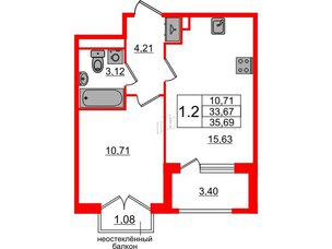 Квартира в ЖК 'Дворцовый фасад', 1 комнатная, 33.67 м², 2 этаж