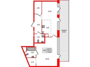 Квартира в ЖК ЛДМ, 1 комнатная, 73.9 м², 9 этаж