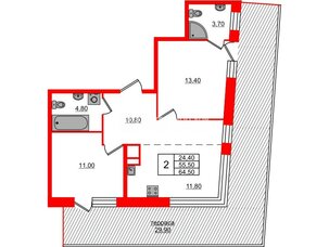 Квартира в ЖК ЛДМ, 2 комнатная, 64.5 м², 9 этаж