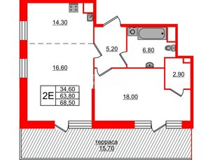 Квартира в ЖК ЛДМ, 1 комнатная, 68.5 м², 9 этаж