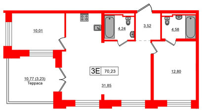 Квартира в ЖК Alpen, 2 комнатная, 70.23 м², 10 этаж
