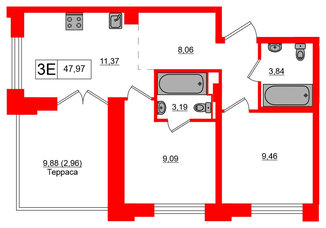 Квартира в ЖК Alpen, 2 комнатная, 47.97 м², 9 этаж