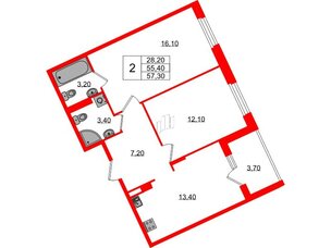 Квартира в ЖК Экография, 2 комнатная, 57.3 м², 2 этаж