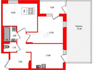 Квартира в ЖК Экография, 2 комнатная, 55.8 м², 1 этаж