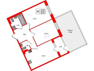 Квартира в ЖК Экография, 2 комнатная, 56.3 м², 1 этаж