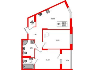 Квартира в ЖК Экография, 2 комнатная, 56.9 м², 2 этаж