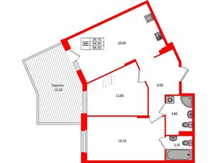 Квартира в ЖК Экография, 2 комнатная, 68.5 м², 1 этаж