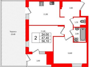 Квартира в ЖК Экография, 2 комнатная, 56.1 м², 1 этаж