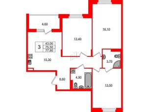 Квартира в ЖК Экография, 3 комнатная, 77.8 м², 2 этаж