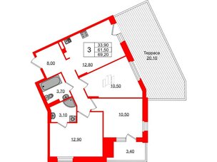 Квартира в ЖК Экография, 3 комнатная, 69.2 м², 1 этаж