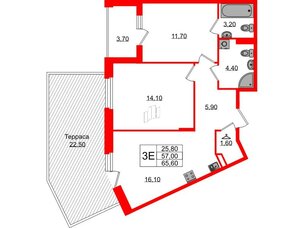 Квартира в ЖК Экография, 2 комнатная, 65.6 м², 1 этаж