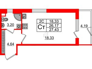 Квартира в ЖК «Парадный ансамбль», студия, 26.17 м², 1 этаж