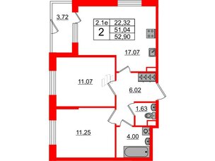 Квартира в ЖК 'Парадный ансамбль', 2 комнатная, 51.04 м², 1 этаж