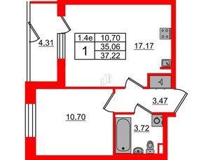 Квартира в ЖК 'Парадный ансамбль', 1 комнатная, 35.06 м², 1 этаж