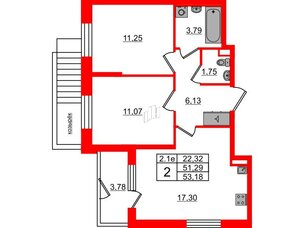 Квартира в ЖК «Парадный ансамбль», 2 комнатная, 51.29 м², 1 этаж