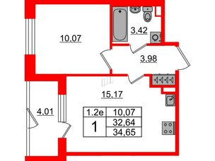 Квартира в ЖК «Парадный ансамбль», 1 комнатная, 32.64 м², 1 этаж