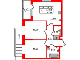 Квартира в ЖК 'Парадный ансамбль', 2 комнатная, 51.08 м², 1 этаж