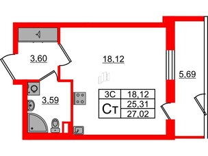 Квартира в ЖК «Парадный ансамбль», студия, 25.31 м², 1 этаж