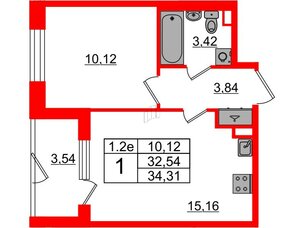 Квартира в ЖК «Парадный ансамбль», 1 комнатная, 32.54 м², 1 этаж