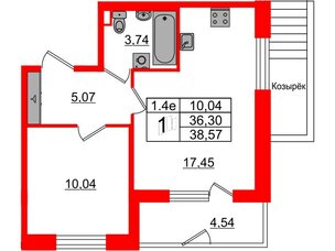 Квартира в ЖК «Парадный ансамбль», 1 комнатная, 36.3 м², 1 этаж