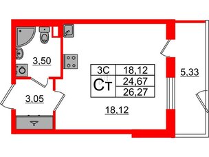 Квартира в ЖК «Парадный ансамбль», студия, 24.67 м², 1 этаж