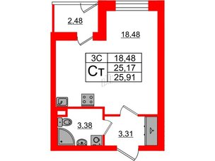 Квартира в ЖК «Парадный ансамбль», студия, 25.17 м², 1 этаж