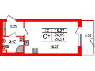 Квартира в ЖК «Парадный ансамбль», студия, 24.99 м², 1 этаж