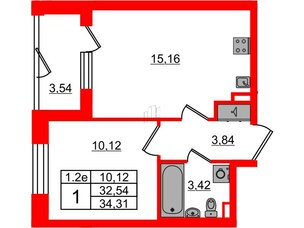 Квартира в ЖК 'Парадный ансамбль', 1 комнатная, 32.54 м², 1 этаж