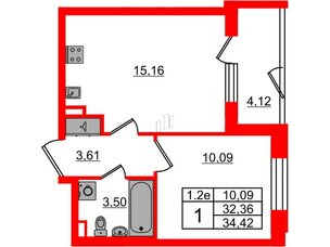 Квартира в ЖК «Парадный ансамбль», 1 комнатная, 32.36 м², 1 этаж