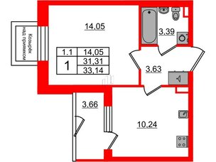 Квартира в ЖК 'Парадный ансамбль', 1 комнатная, 31.31 м², 1 этаж