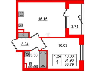Квартира в ЖК «Парадный ансамбль», 1 комнатная, 31.93 м², 1 этаж