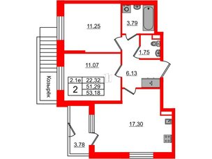 Квартира в ЖК «Парадный ансамбль», 2 комнатная, 51.29 м², 1 этаж