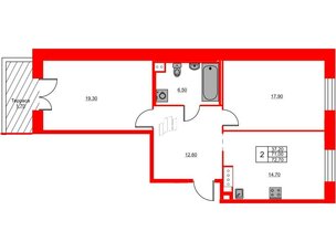 Квартира в ЖК Моисеенко X, 2 комнатная, 72.7 м², 10 этаж
