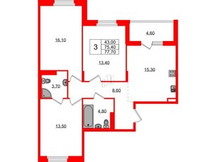 Квартира в ЖК Экография, 3 комнатная, 77.78 м², 3 этаж