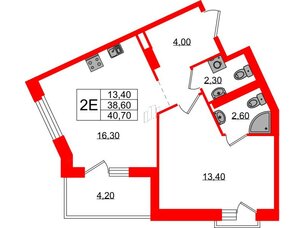 Квартира в ЖК Экография, 1 комнатная, 40.7 м², 3 этаж
