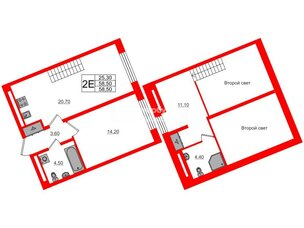 Квартира в ЖК «Пулково Lake», 1 комнатная, 58.5 м², 4 этаж