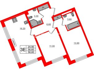 Квартира в ЖК «Пулково Lake», 2 комнатная, 56.6 м², 4 этаж